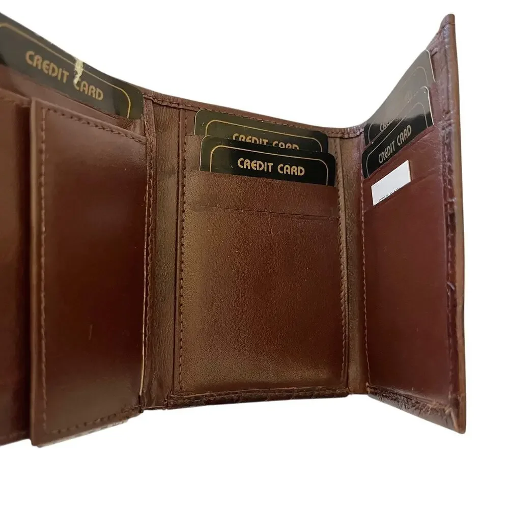 NWT Deadstock Vintage Croc-Embossed Brown Leather Tri-Fold Men's Wallet